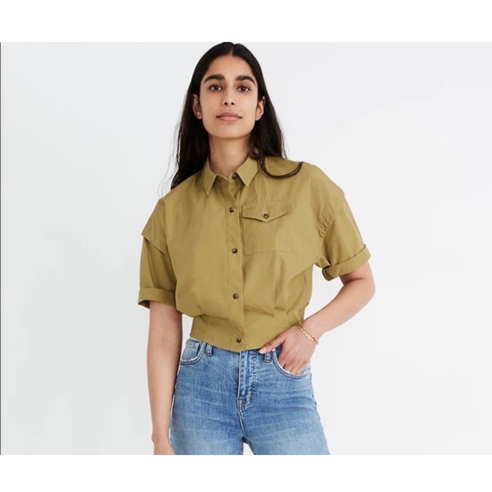 Madewell Women XS Cropped Safari Cotton Button Up Shirt Olive Green Utility Top